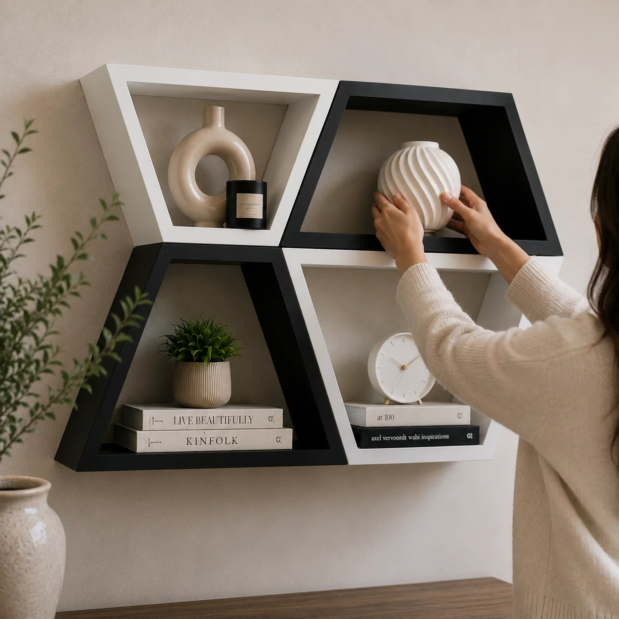 Étagère Murale Artistique en Bois - Ensemble de 4 Pièces