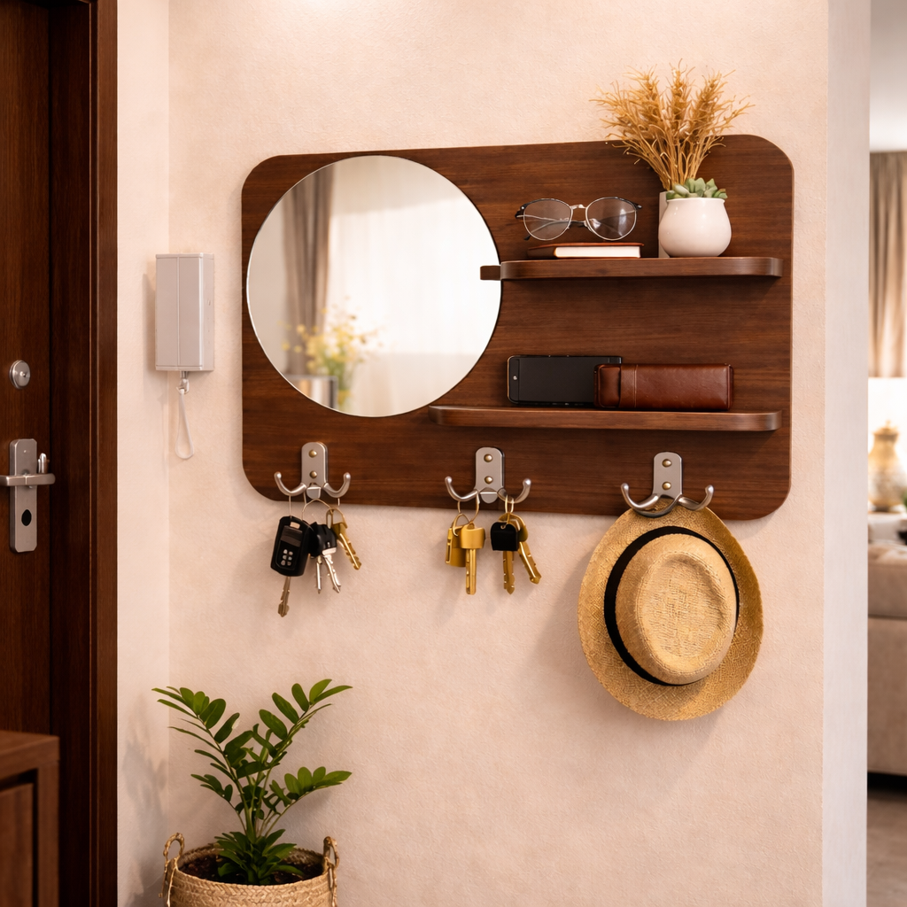 Porte-Clés Mural Élégant avec Miroir – Organisation & Décoration 3 en 1
