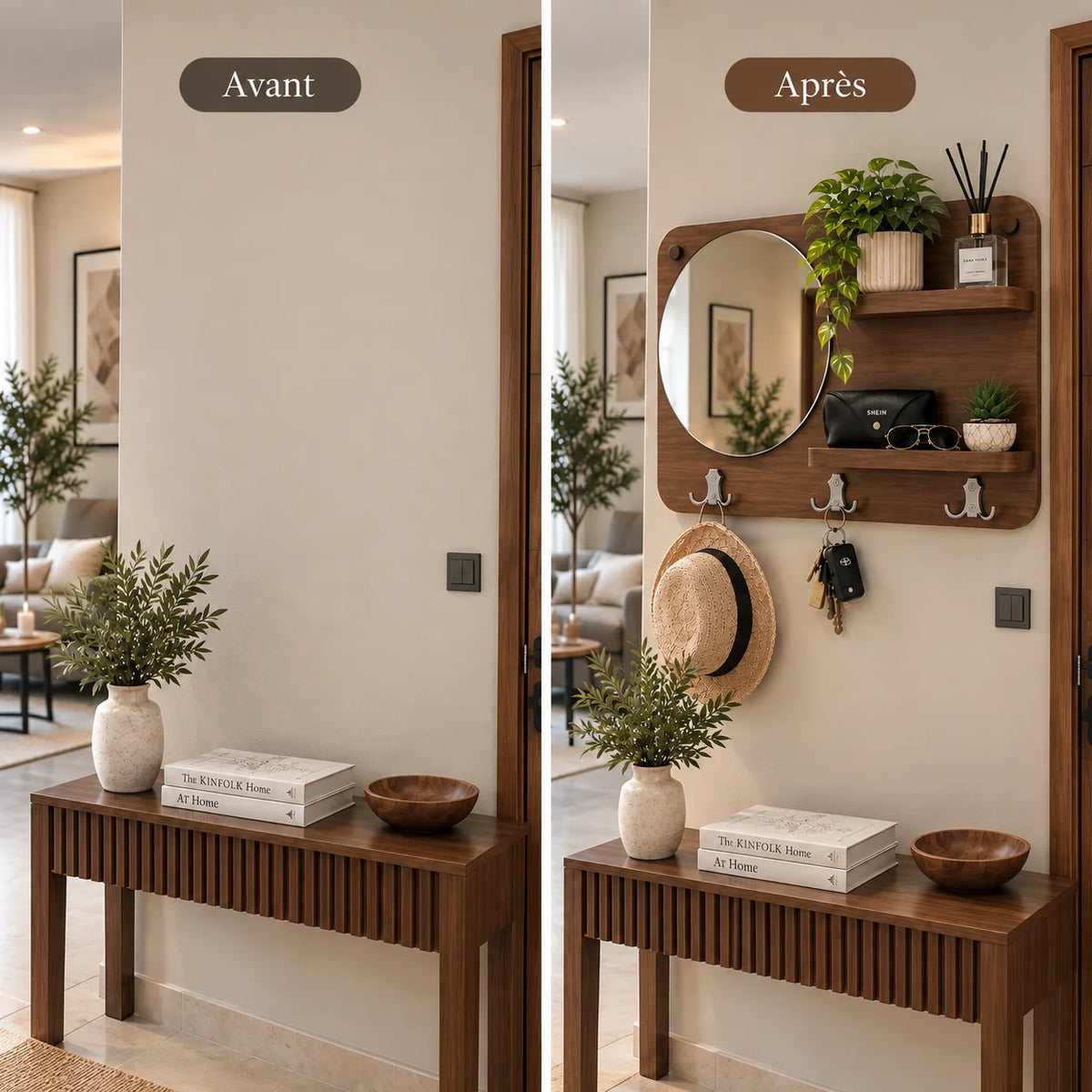 Porte-Clés Mural Élégant avec Miroir – Organisation & Décoration 3 en 1