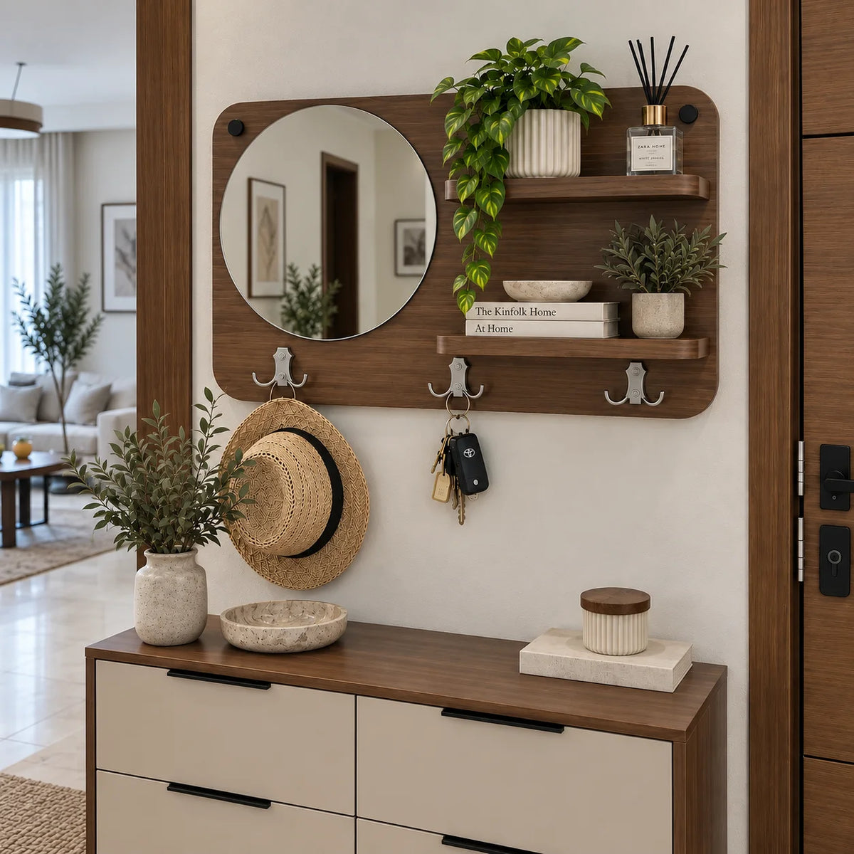 Porte-Clés Mural Élégant avec Miroir – Organisation & Décoration 3 en 1