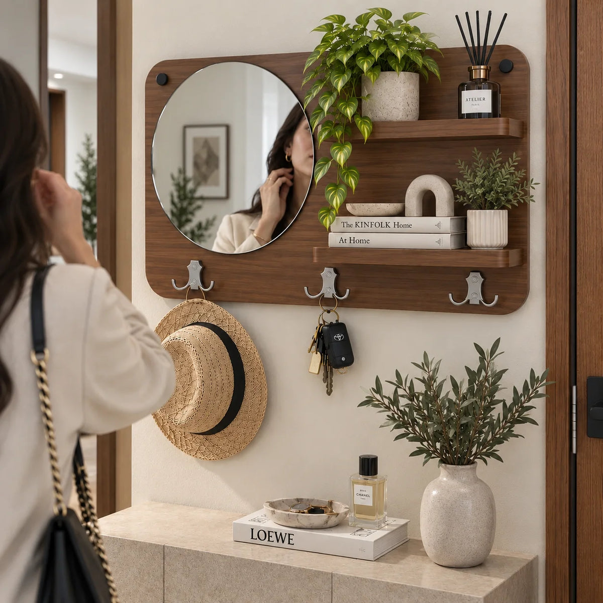 Porte-Clés Mural Élégant avec Miroir – Organisation & Décoration 3 en 1