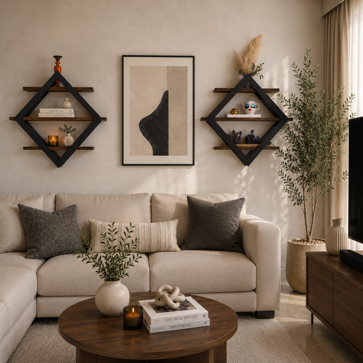 Étagère Murale Design Géométrique – Élégance Moderne en Bois
